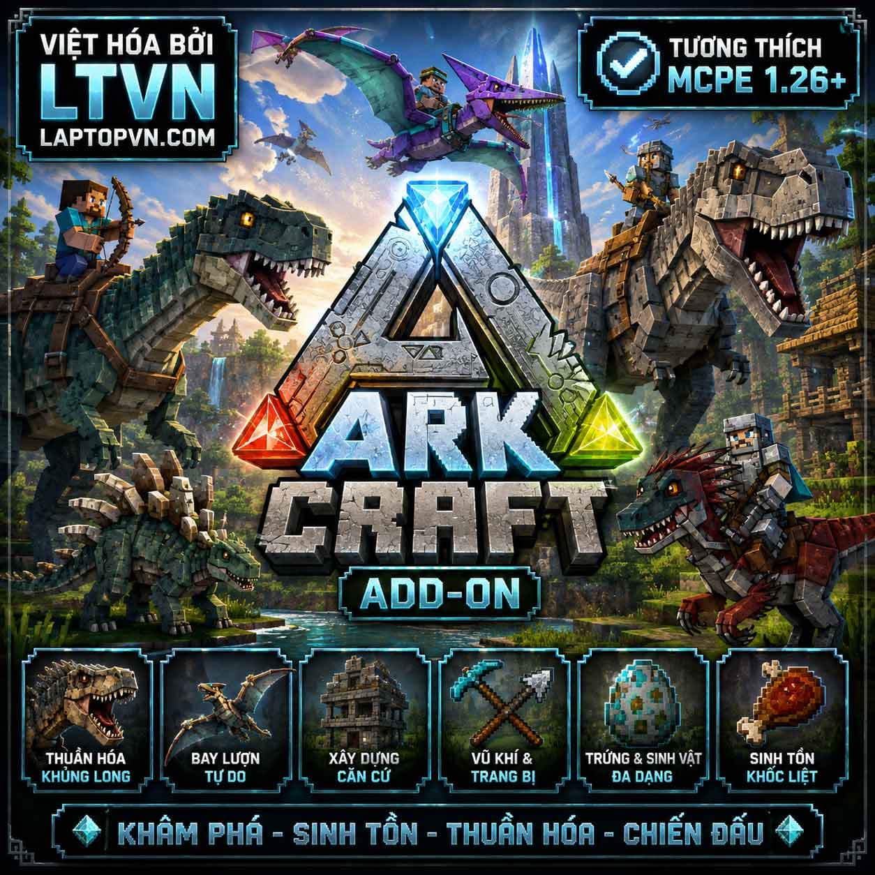 Addon Khủng Long ArkCraft bản 1.5.1 Việt Hóa cho MCPE 1.26+.mcaddon